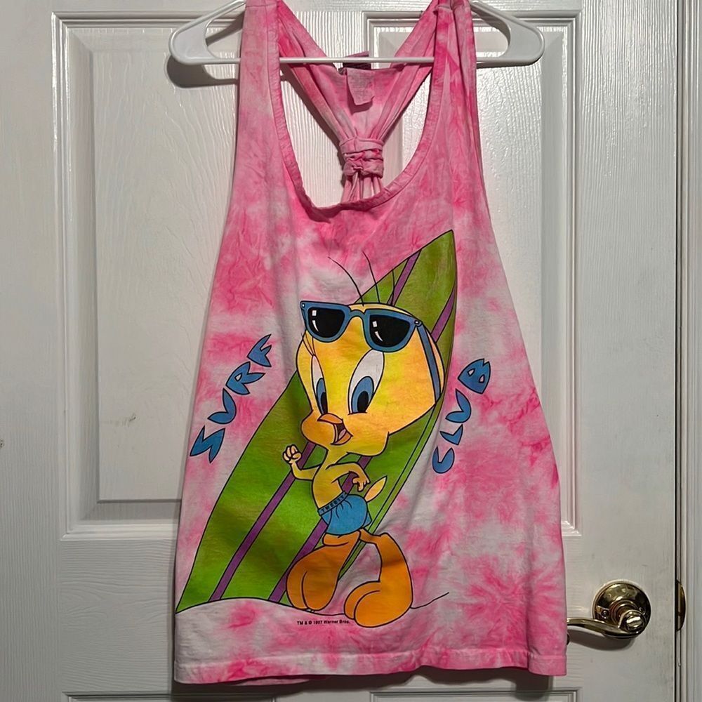 🔥 True Vintage 1997 LOONEY TUNES “TWEETY” Pink Tie-Dye Tank Top CoverUp - OSFA